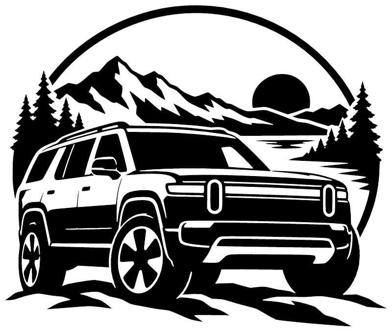 Black-and-white off-road vehicle vinyl decal with mountains, trees, and a large moon