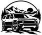 Black-and-white off-road vehicle vinyl decal with mountains, trees, and a large moon