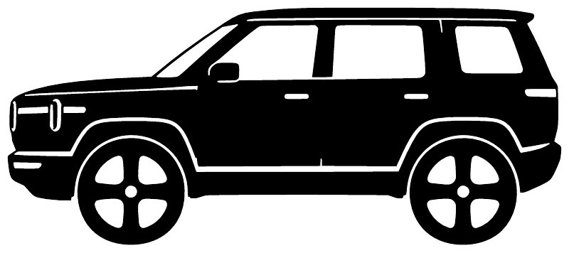 Rivian R2 side profile vinyl decal: white SUV side graphic on black