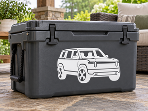 Vinyl decal with white Rivian R2 front three-quarter vehicle graphic on dark gray