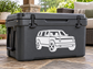 Vinyl decal with white Rivian R2 front three-quarter vehicle graphic on dark gray