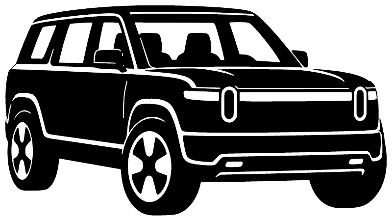 Vinyl decal with white Rivian R2 front three-quarter truck graphic on black