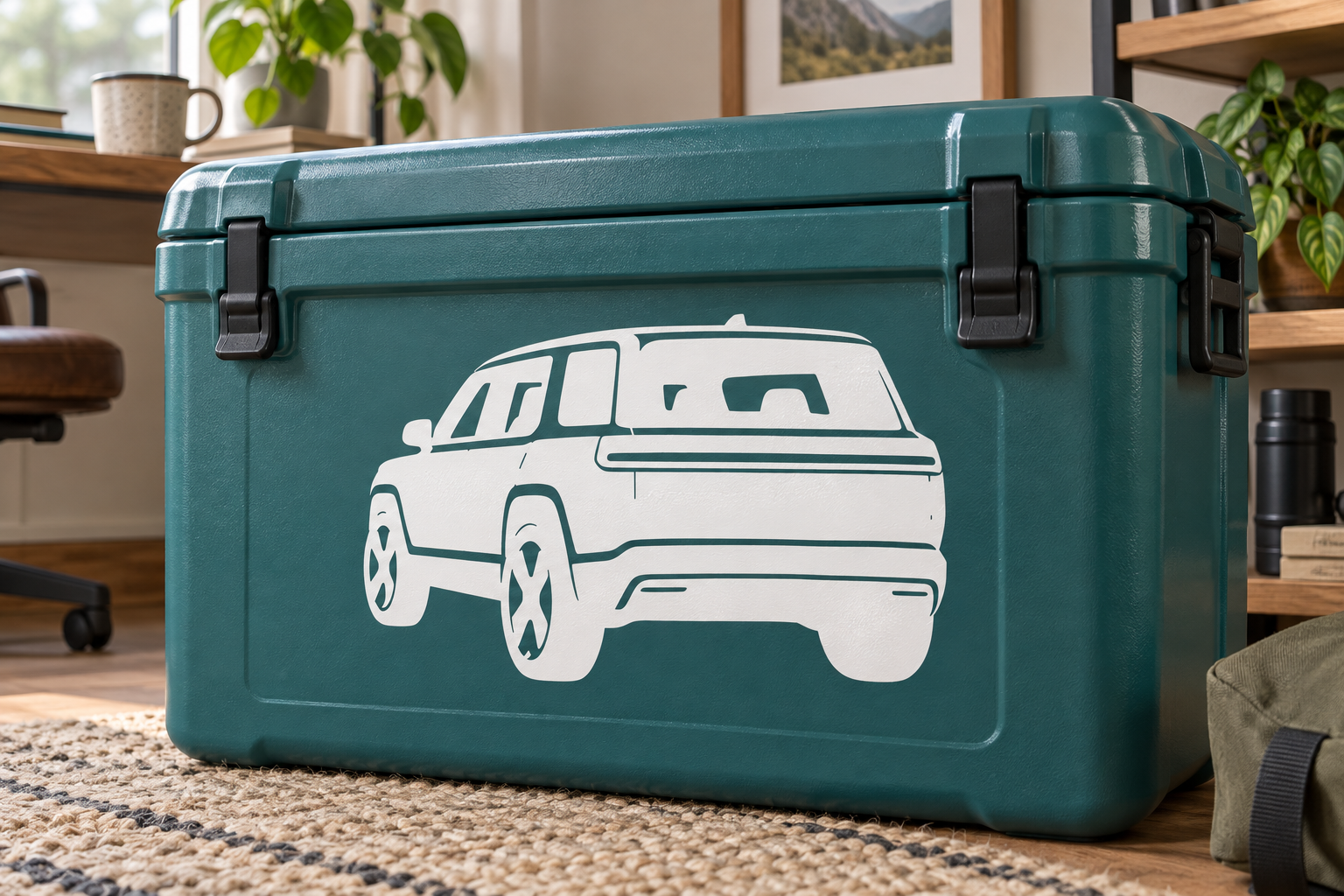 Rivian R2 vinyl decal of white side van silhouette on teal surface