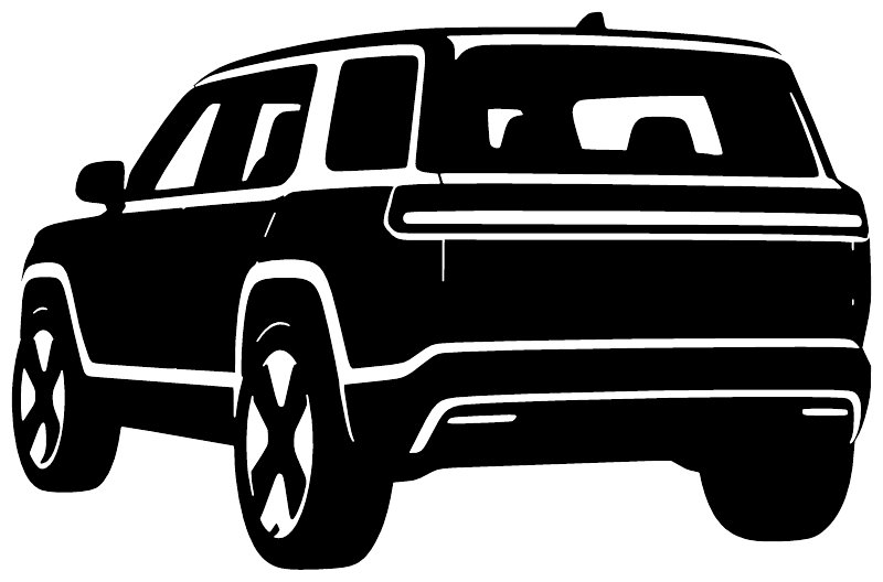 Rivian R2 vinyl decal in white line-art, rear three-quarter vehicle outline