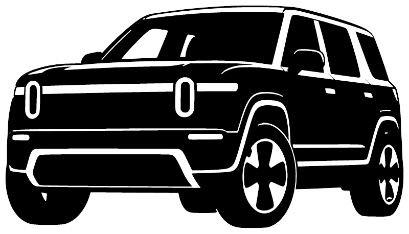 Vinyl car decal of Rivian R2 low front angle, black design with white outline