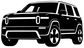 Vinyl car decal of Rivian R2 low front angle, black design with white outline