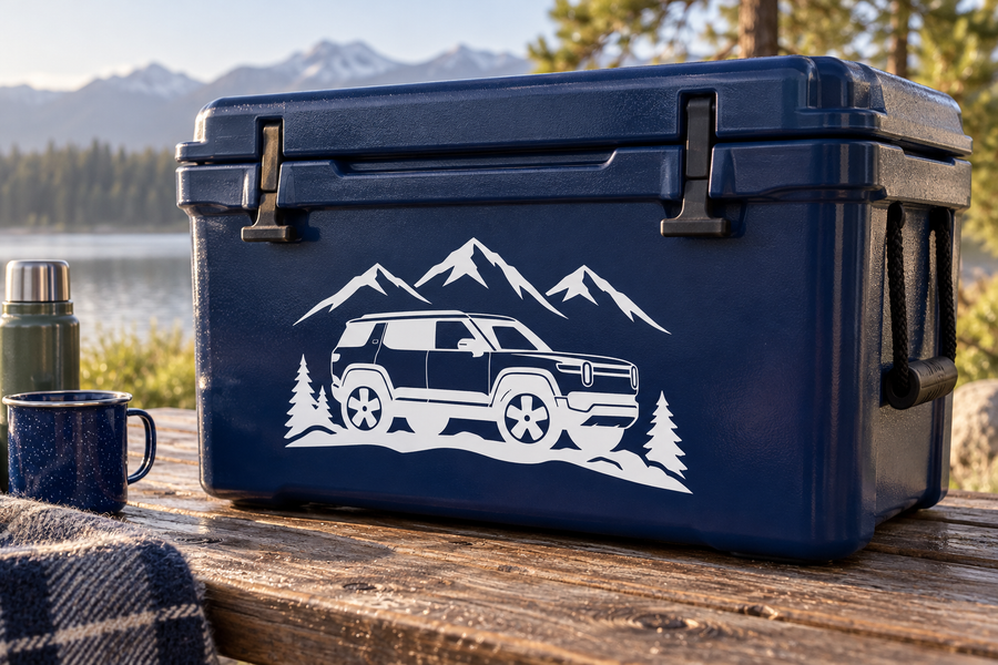Rivian vinyl decal showing SUV, mountains, and trees in white on dark blue
