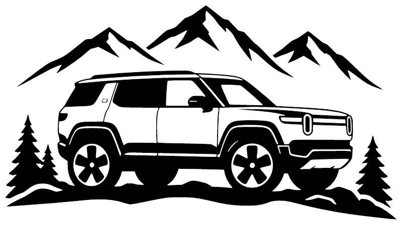 White vinyl decal with SUV, mountain peaks, and pine trees