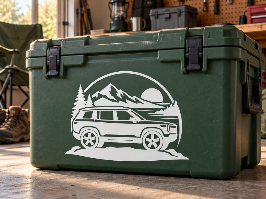 Dark green vinyl decal with white Rivian R2 side profile, mountains, trees, moon
