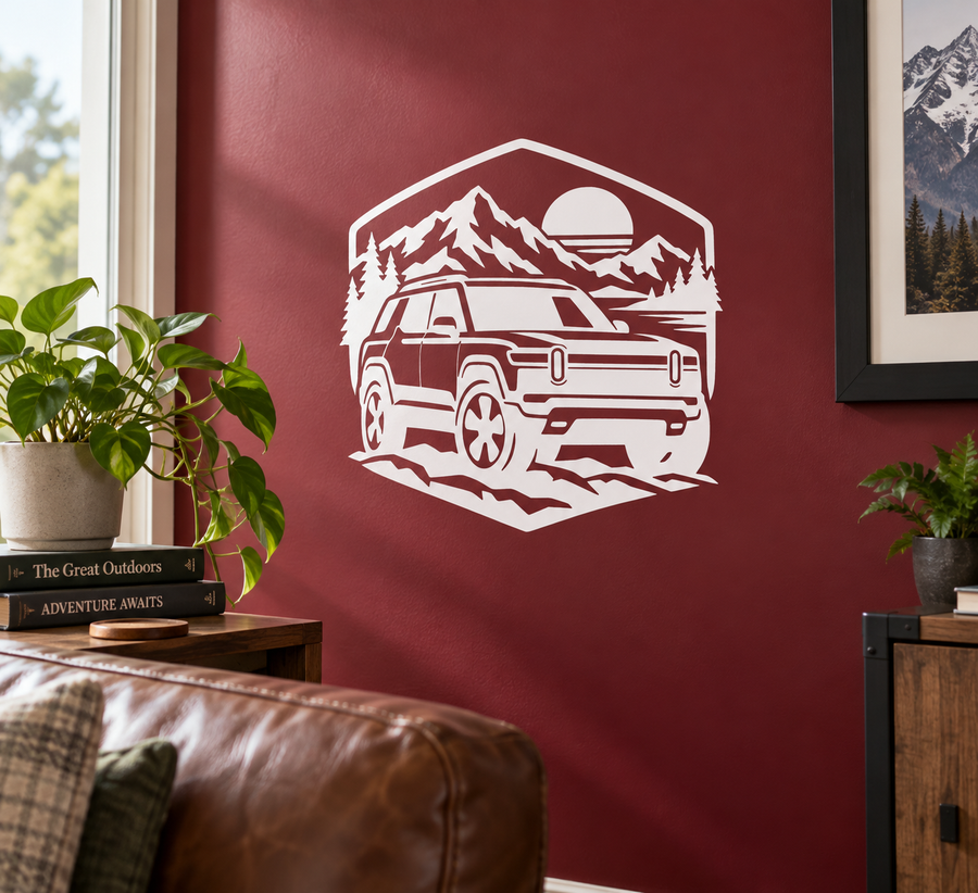 Rivian R2 adventure front three-quarter vinyl decal, white outdoor car and mountain outline