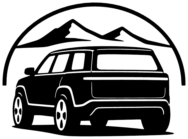 Black-and-white vinyl decal showing off-road SUV from rear three-quarter angle with mountains