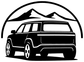 Black-and-white vinyl decal showing off-road SUV from rear three-quarter angle with mountains