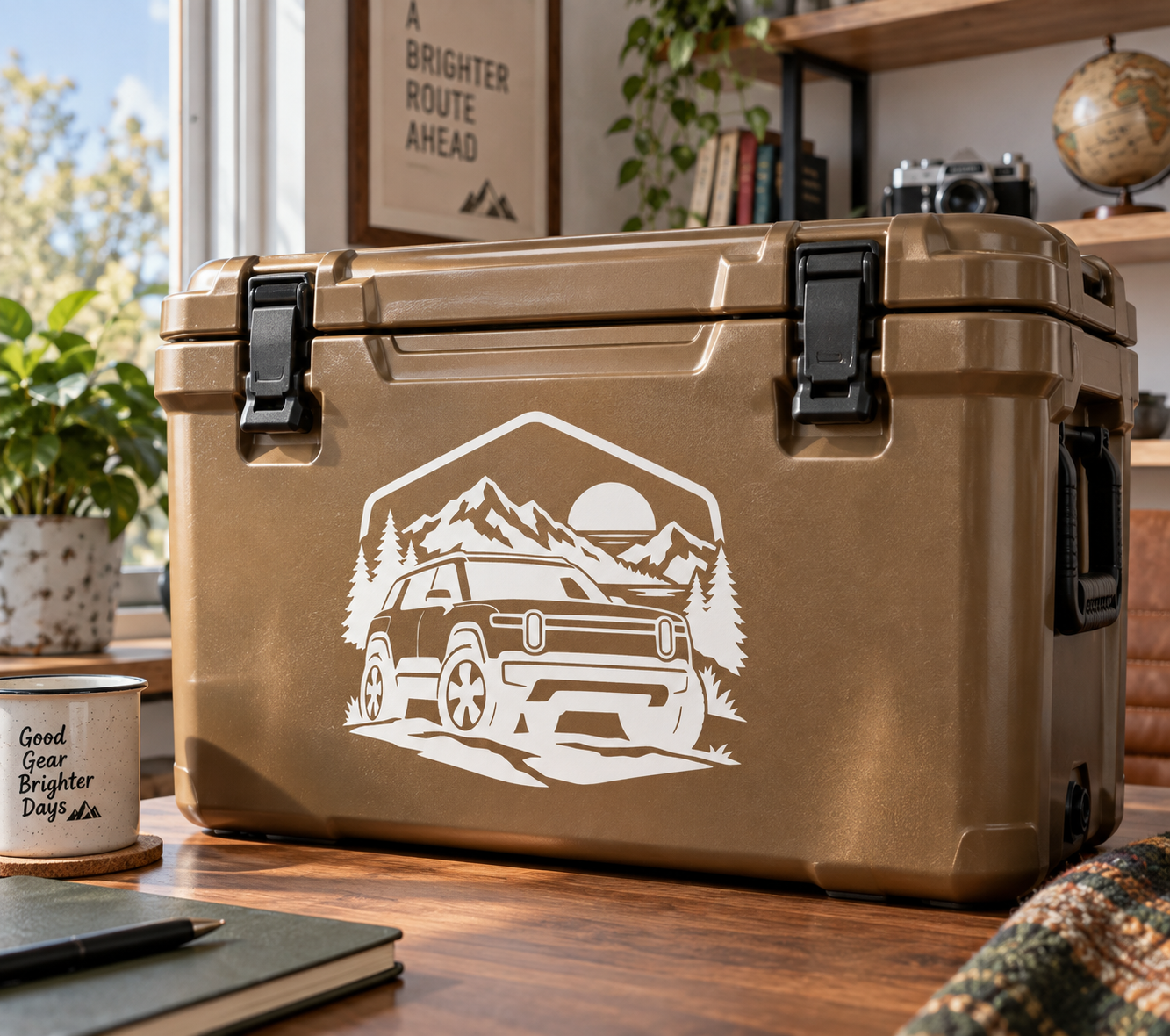 Rivian R2 adventure vinyl decal with mountain-and-truck outline on tan cooler