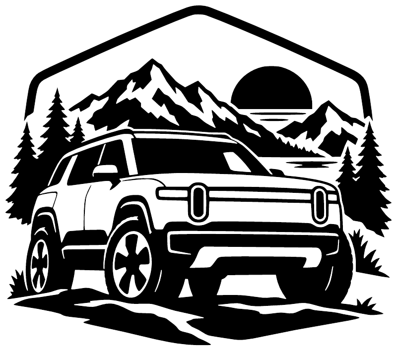 Rivian R2 adventure vinyl decal showing truck, mountains, trees, and sun in black