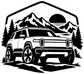 Rivian R2 adventure vinyl decal showing truck, mountains, trees, and sun in black