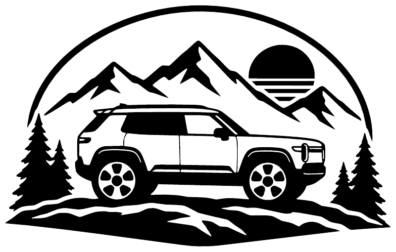Vinyl decal graphic in black with off-road SUV, mountains, pine trees, and sun