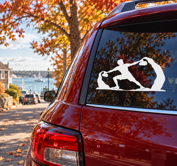 Rock climbing vinyl decal of low traverse climber on car window