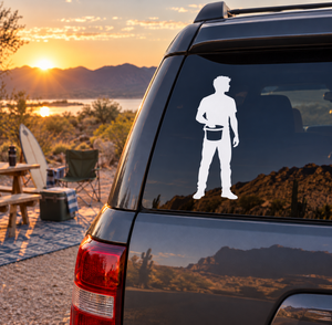 Climber silhouette vinyl decal holding chalk bucket on car window