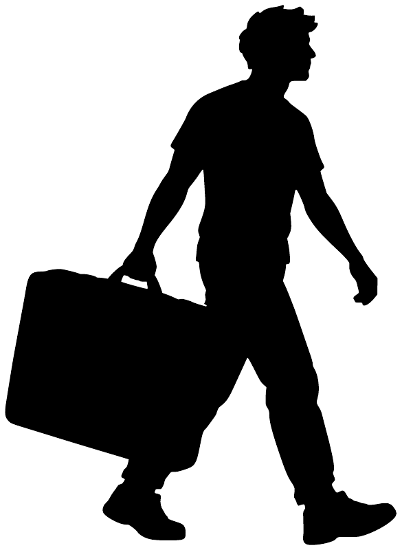 Silhouette vinyl decal of a person walking with duffel bag, black graphic