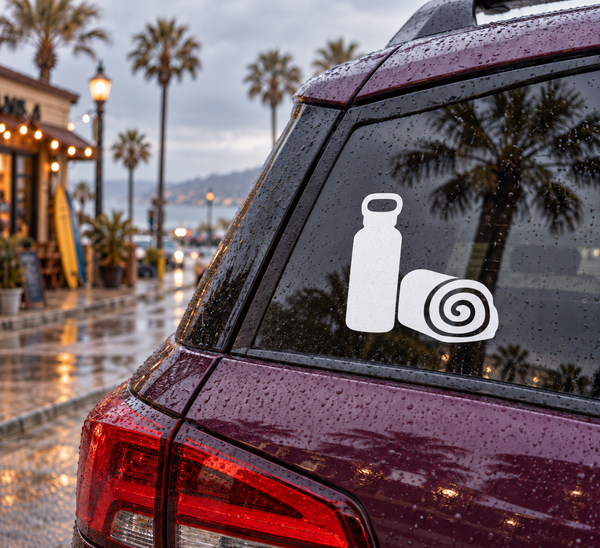 Rock climbing water break vinyl decal with bottle and chalk bag icon on car glass