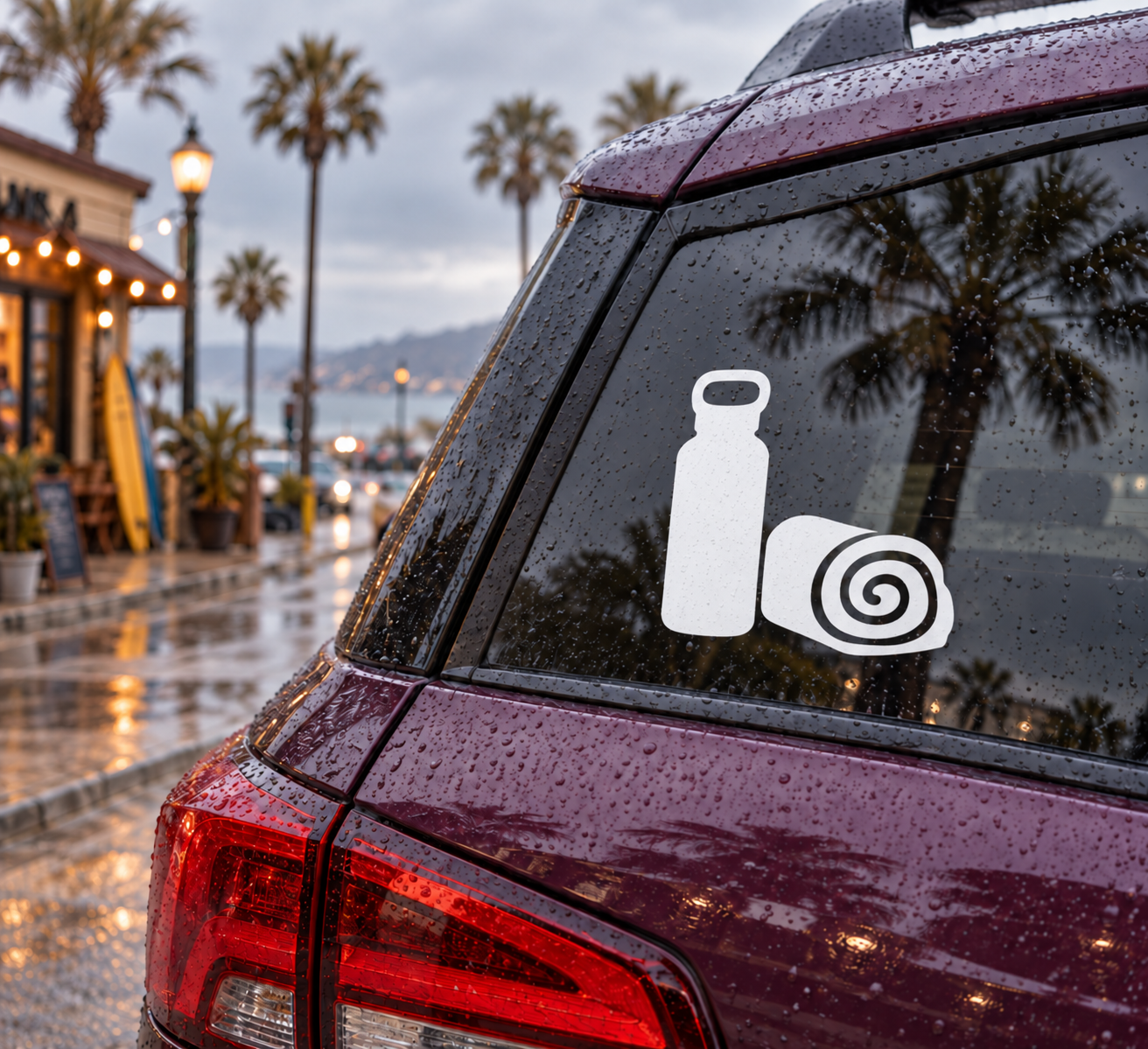 Rock climbing water break vinyl decal with bottle and chalk bag icon on car glass