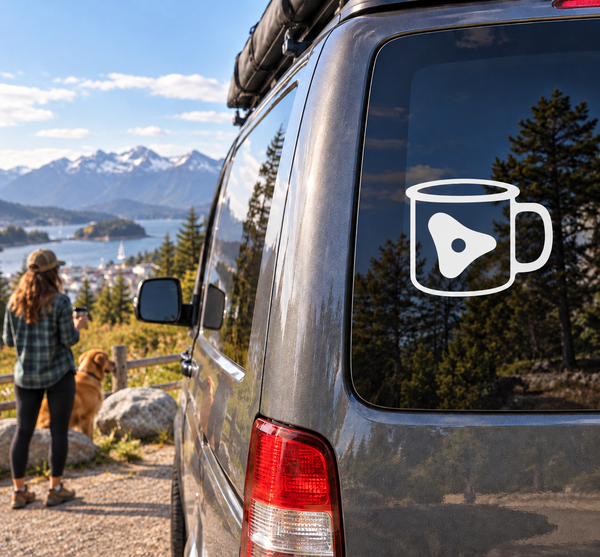 Rock climbing camp mug vinyl decal with white mug outline and climbing icon