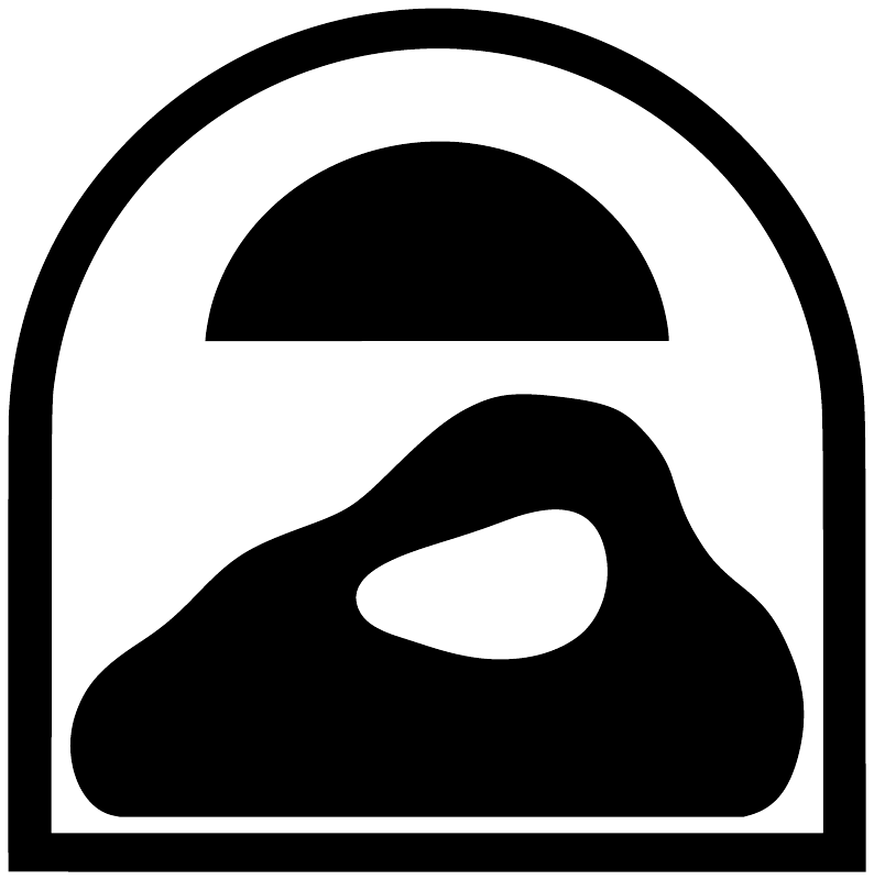 Vinyl decal close-up of a black-and-white mountain/hold logo inside a rounded square
