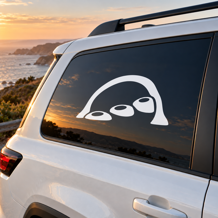 Rock climbing three-step holds vinyl decal on car window, white outline on dark background