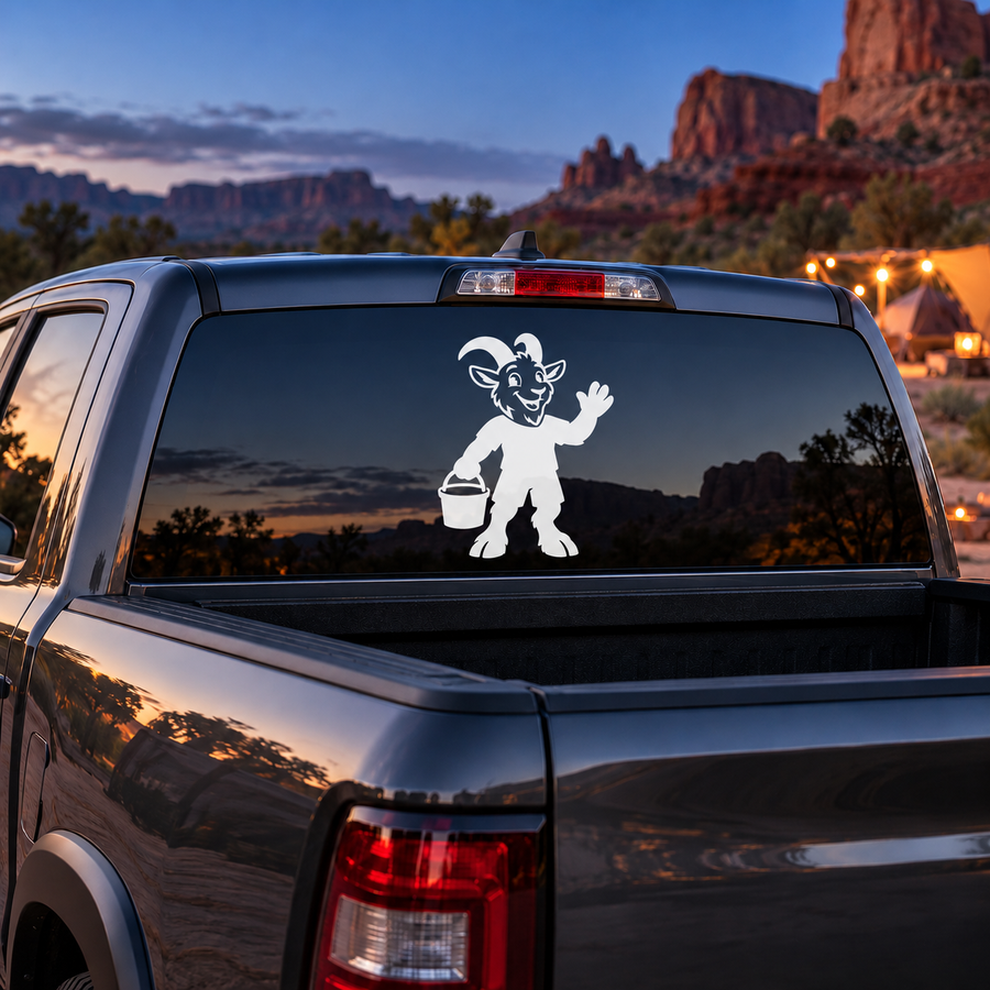 Car window vinyl goat decal, white climber holding a bucket