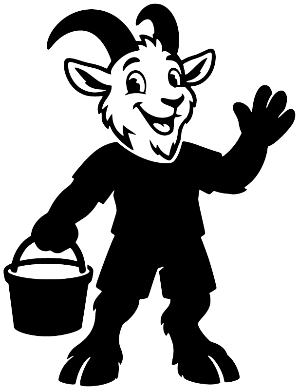 Goat cartoon vinyl decal holding a bucket, black silhouette with white details
