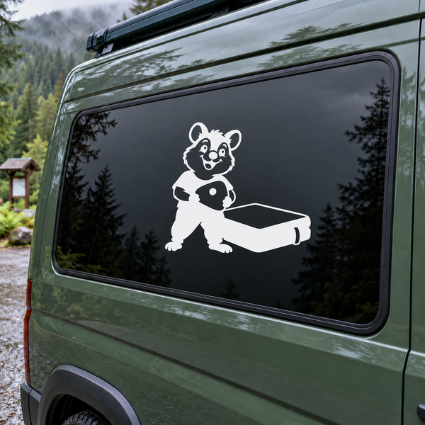 White quokka rock climber holding a chalk block vinyl decal on dark background