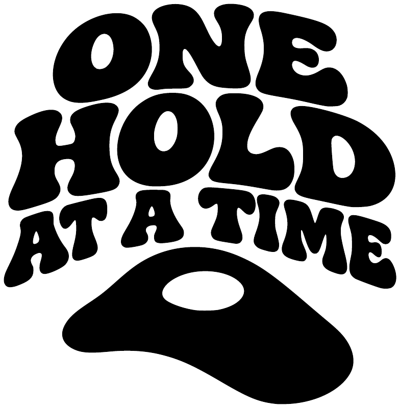 Vinyl rock climbing decal: "ONE HOLD AT A TIME" with bold climbing hold graphic