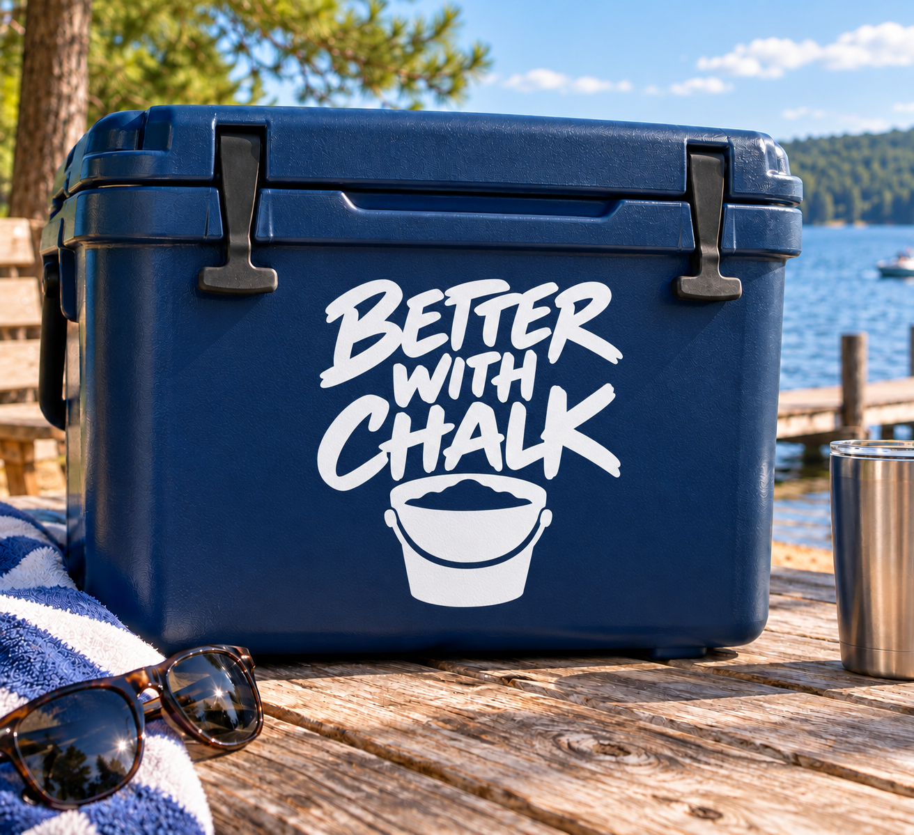 Rock climbing vinyl decal on a blue cooler: “BETTER WITH CHALK” with chalk bucket icon.