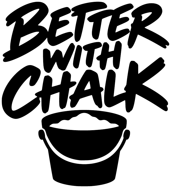 Rock climbing vinyl decal text: “BETTER WITH CHALK” with chalk bucket graphic.