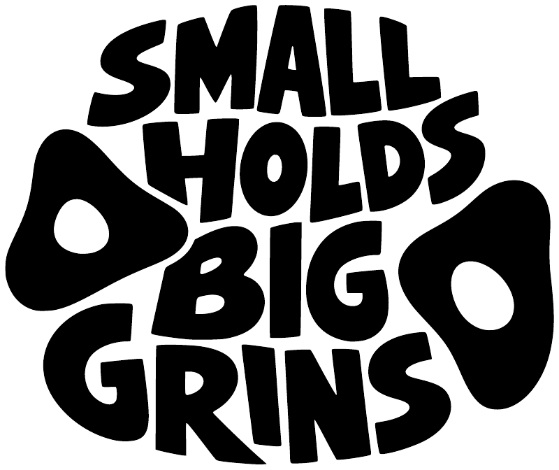Vinyl decal graphic with “SMALL HOLDS BIG GRINS” text in black and white