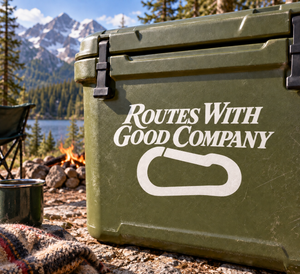 Vinyl decal: white “Routes With Good Company” text and carabiner-style icon