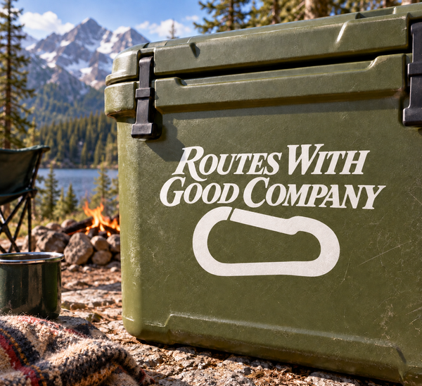 Vinyl decal: white “Routes With Good Company” text and carabiner-style icon