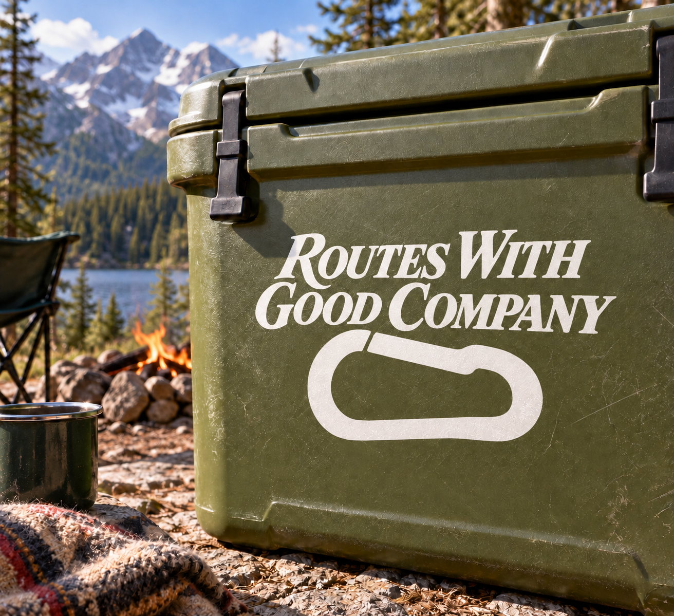 Vinyl decal: white “Routes With Good Company” text and carabiner-style icon