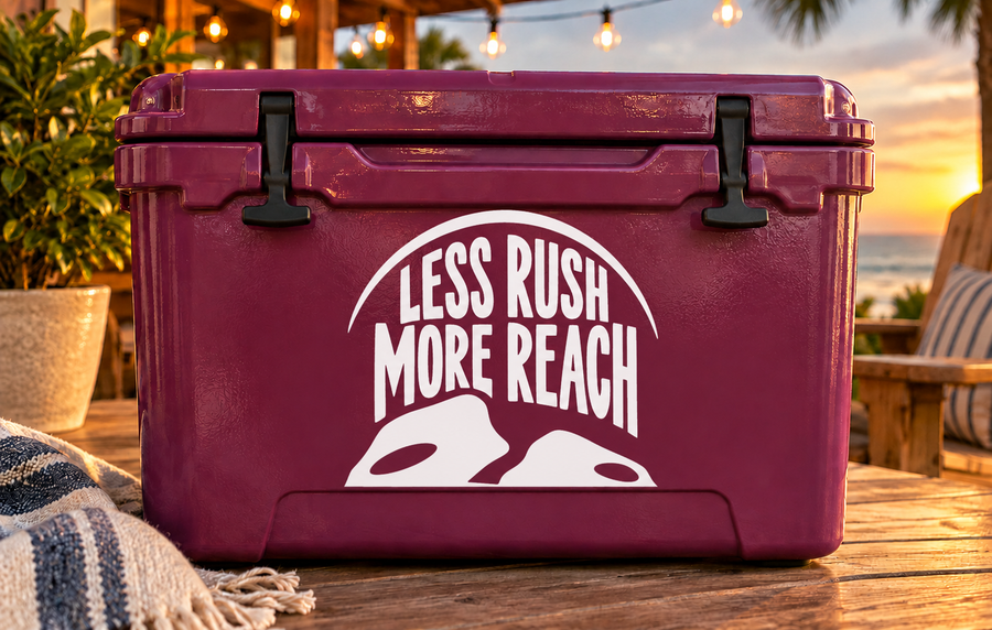 Rock climbing vinyl decal: Less Rush More Reach with mountain icon