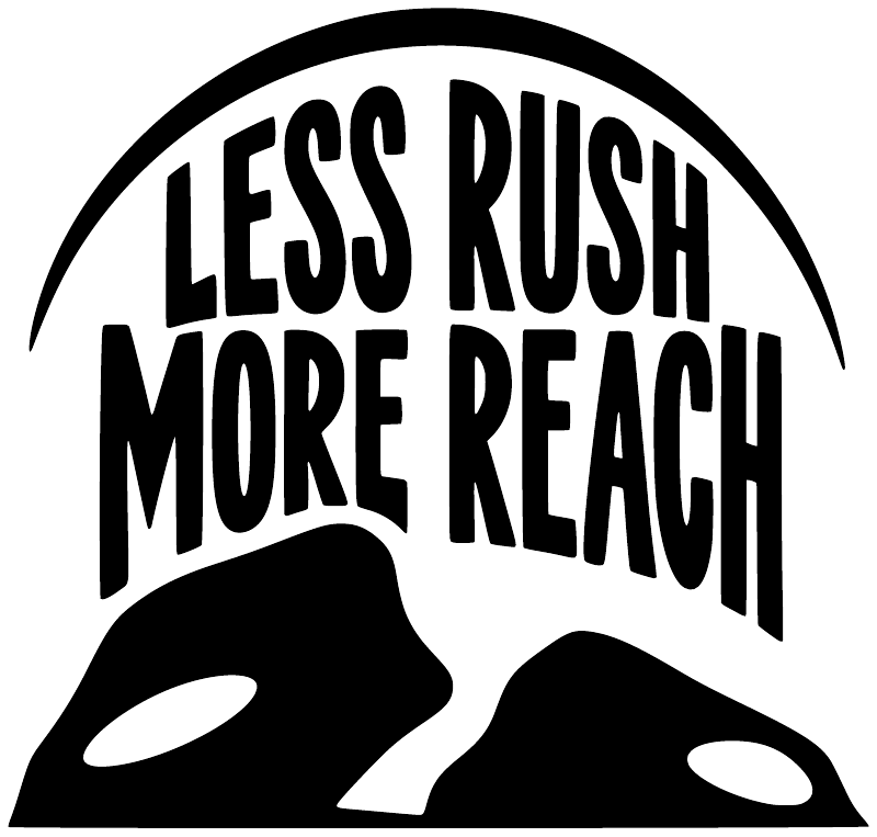 Black vinyl decal with Less Rush More Reach lettering and mountain silhouette