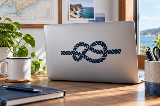 Nautical rope loop knot vinyl decal with sweeping rope ends, dark navy blue