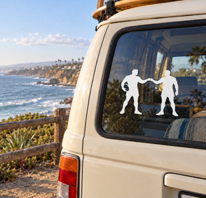 Rugby vinyl decal, two rugby players shaking hands on vehicle window