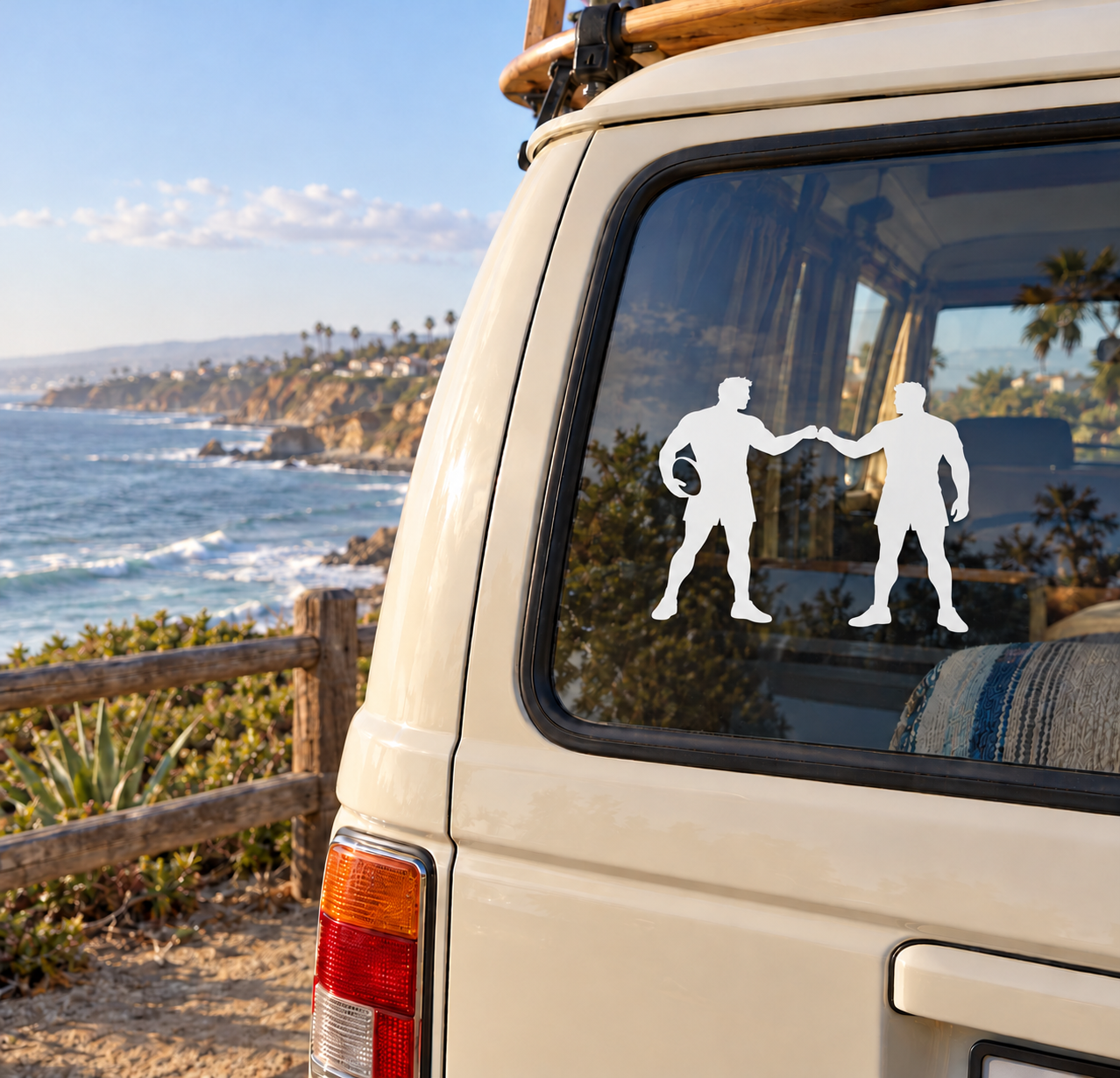 Rugby vinyl decal, two rugby players shaking hands on vehicle window