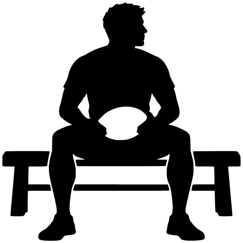 Rugby half-time bench vinyl decal silhouette: seated rugby player with bench, black icon