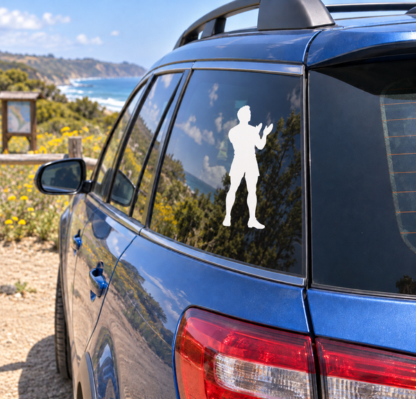 Rugby player silhouette vinyl decal for car window, white figure on dark glass