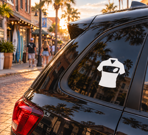 White rugby jersey vinyl decal on dark car window