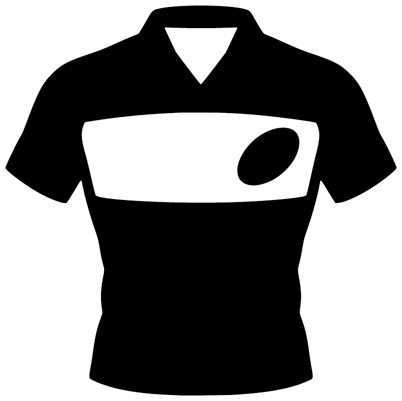 Black rugby jersey vinyl decal icon with white collar and badge graphic