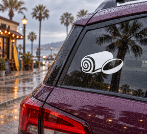 Vinyl decal with white swirl and oval rugby water-break icon on dark car window