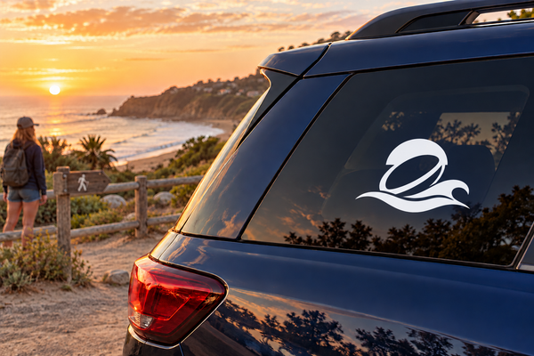 Vinyl car window decal logo: white oval with black wave lines