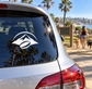Vinyl decal: white mountain and rugby ball logo on car window